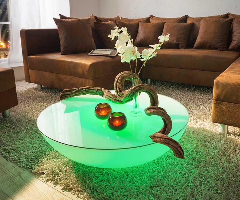 Wohnzimmer, Glas couchtisch rund mit maße B80 x H22 x T80 cm und gewicht 16 kg.  