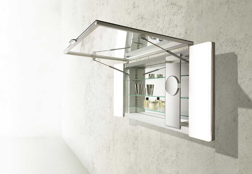 Badezimmer, Design spiegelschrank bad mit Falttüren und inkl. Glasregal.  