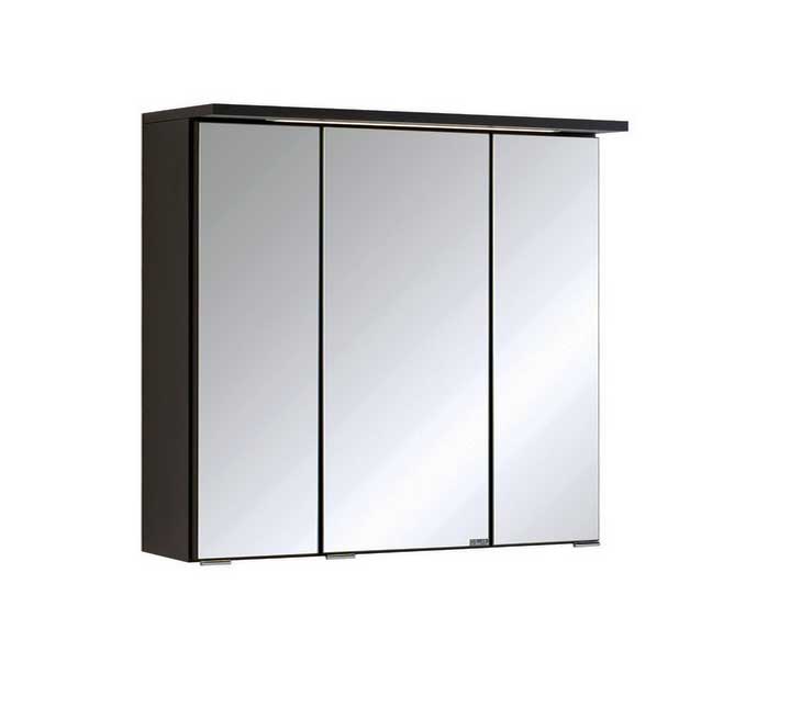 Badezimmer, Spiegelschrank bad 60 cm in einem dunklen Holzrahmen dass integrierte LED-Beleuchtung.  