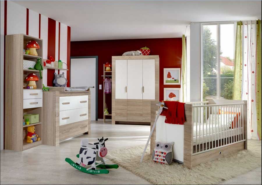 Schlafzimmer, Komplettes babyzimmer mit hölzernen kombination materialien.  