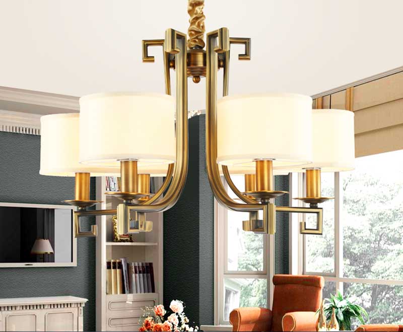 Wohnzimmer, Kronleuchter antik messing mit schirm aus stoff im form runde inklusive 3 leuchten.  